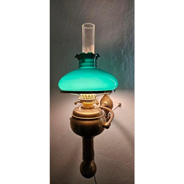 C Gray Chandlers 1882 Scotland Green Cased Glass Brass Gimble Wall Mount Lamp For Sale - Image 4 of 18