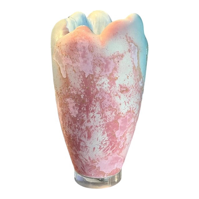 Vintage 1980s Modern Tony Evans Raku Art Pottery Sculptural Vase on Lucite Base For Sale