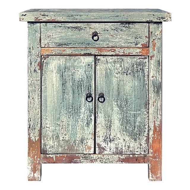 Distressed Pale Teal Gray Natural Wood End Table Nightstand For Sale