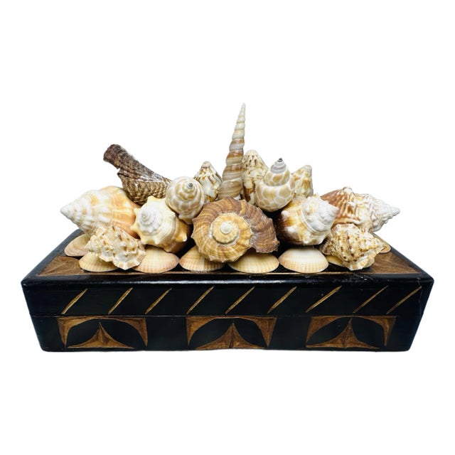 Vintage Carved Wooden Box With Shells For Sale