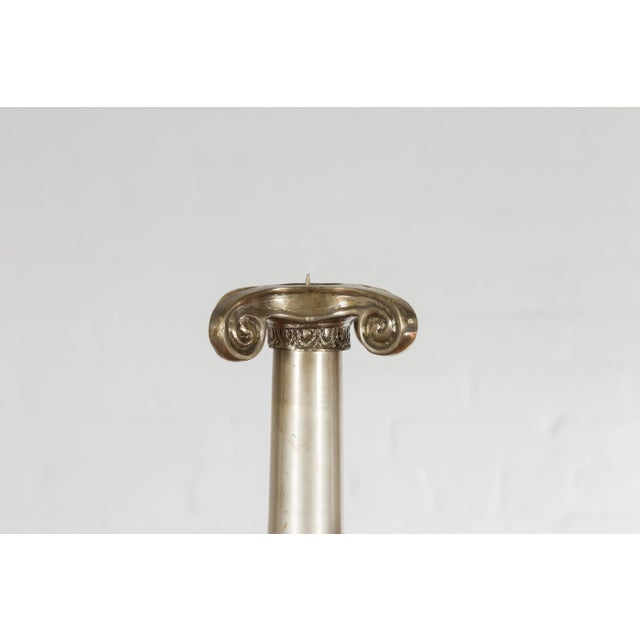 Mid 20th Century Brushed Silver over Bronze Column Candlesticks with Large Ionic Capitals - A Pair For Sale - Image 5 of 10