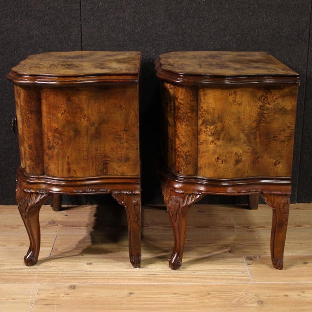 Pair of Italian bedside tables from the mid-20th century. Curved furniture in walnut, burl and beech wood of beautiful...