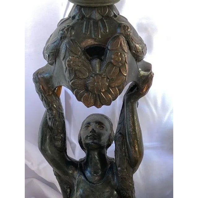 Copper 1920s Art Deco Joan of Arc Table Lamp, Orig Crackle Glass Shade La Belle Specialty Co For Sale - Image 8 of 12