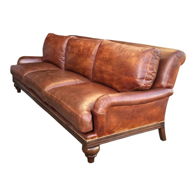 1970s 1970s English Traditional Light Brown Leather Sofa With Nail Head Trim & Carved 6-Leg Base For Sale - Image 5 of 16