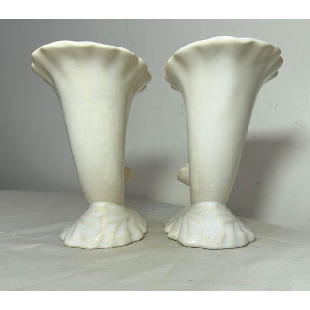 White Pair of Antique Signed White Glaze Cornucopia Shell Vases Marked Fulper #4065 For Sale - Image 8 of 11