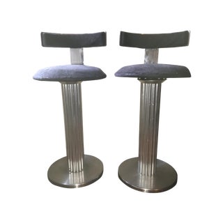 Chrome Bar Stools With Indigo Cushion - A Pair For Sale