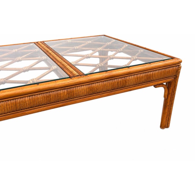Vintage Split Bamboo & Rattan Glass Top Coffee Table | Coastal Hollywood Regency Woven Cane Style For Sale In Louisville - Image 6 of 10