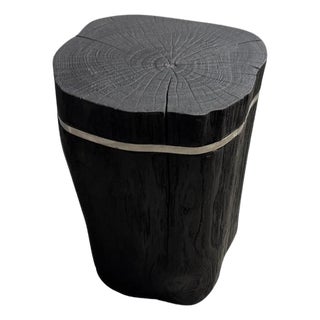 Andrianna Shamaris Minimalist Charred Teak Wood and Silver Side Table For Sale