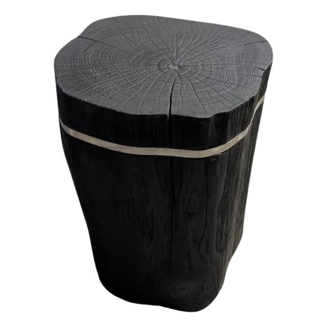 Andrianna Shamaris Minimalist Charred Teak Wood and Silver Side Table For Sale