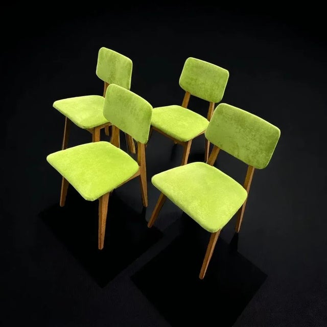 4 oak chairs from the 1950s stapled in green velvet Design René Jean Caillette Éditions Charron Dining table and buffet...