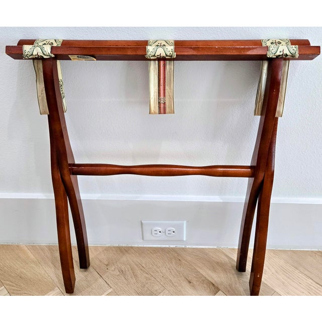 Wood Vintage Scheibe Folding Wooden Luggage Rack With Floral Tapestry Straps For Sale - Image 7 of 8