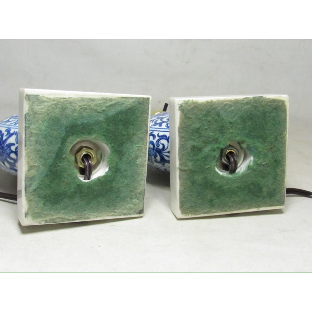 Pair of Chinese Blue and White Porcelain Moon Flask Shaped Lamps For Sale - Image 15 of 15