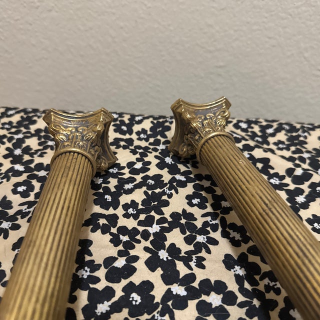Metal Pair of Neoclassical Corinthian Column Brass Candlesticks For Sale - Image 7 of 7