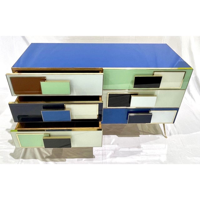 Contemporary Italian Mondrian Style Blue Green White Brown Modern Brass Dresser/Chest For Sale - Image 3 of 17