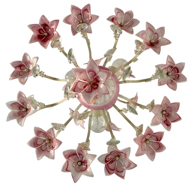 1980s Italian Murano Style Pink Floral Glass Chandelier With Crystals For Sale - Image 6 of 18
