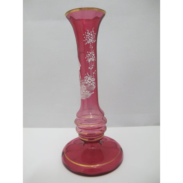 Mary Gregory Czech Red Glass Painted Enamel Boy With Bird Skinny Bud Vase For Sale In Portland, OR - Image 6 of 10