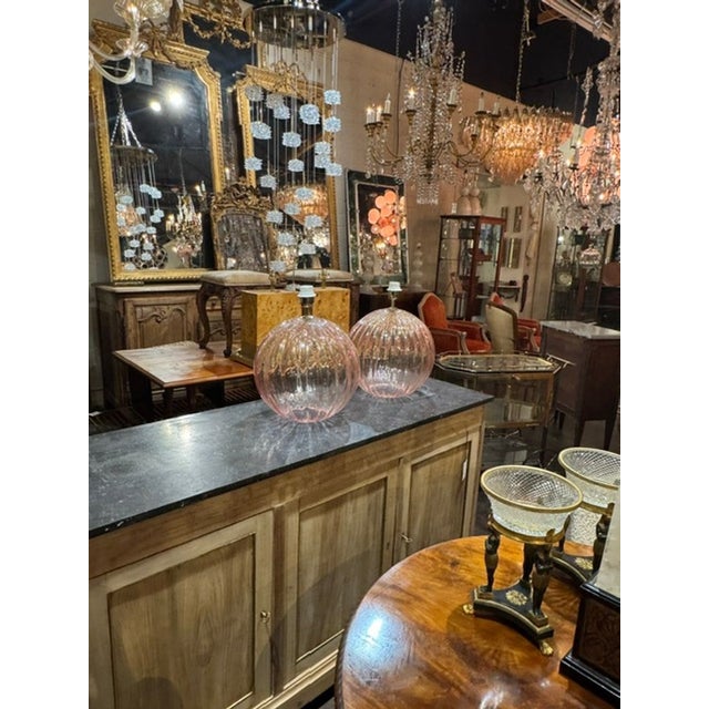 Glass Pair of Large Scale Pink Murano Globe Lamps For Sale - Image 7 of 8