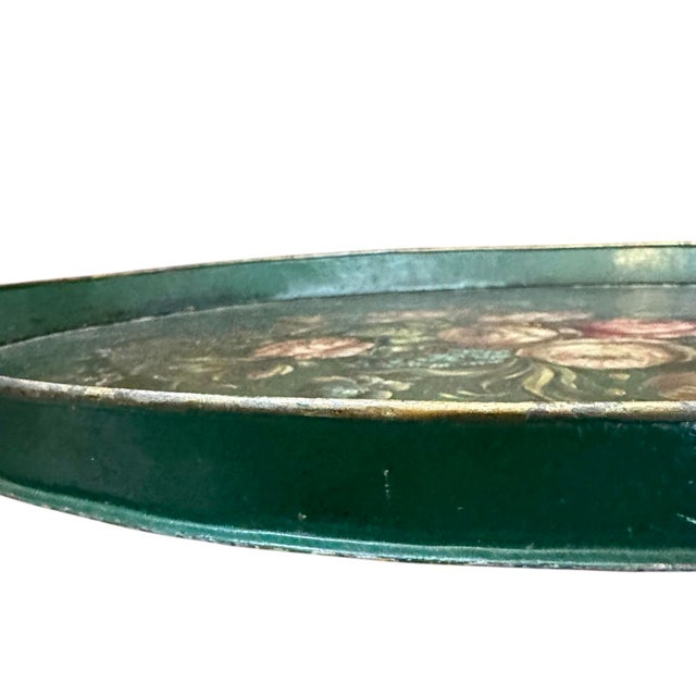 Antique Large 19th Century French Floral Tole Hand Painted Green Oval Serving Tray With Roses, Tulips & Mums For Sale In Dallas - Image 6 of 7