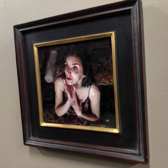 Figurative The Awakening by Karen Offutt | Oil Painting of a woman in deep thought with hands on her face For Sale - Image 3 of 3