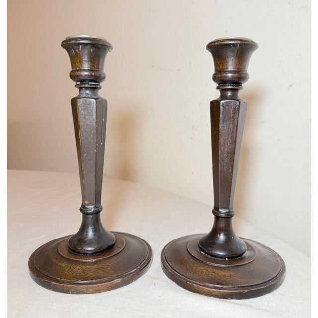 English Pair Antique 1800's Hand Carved English Wood Brass Candlesticks Candle Holders For Sale - Image 3 of 9