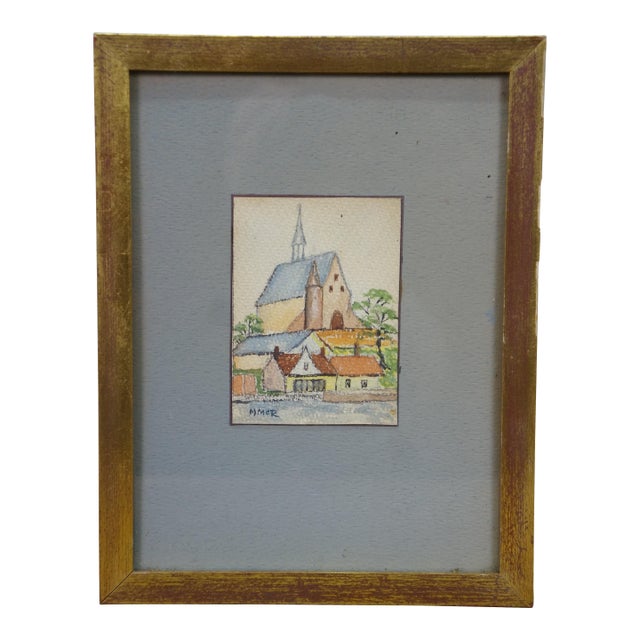 Mid 20th Century H. McRae Church Steeple Cityscape Watercolor Painting 9" For Sale