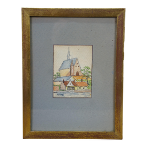 Mid 20th Century Helen McRae Church Steeple Cityscape Watercolor Painting 9"