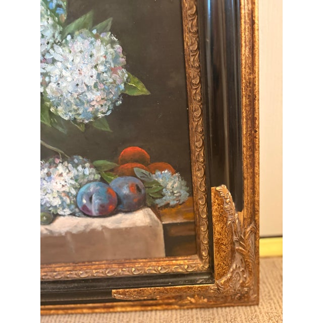 2000 - 2009 Vintage Hydrangeas and Fruit Still Life Oil on Canvas For Sale - Image 5 of 10