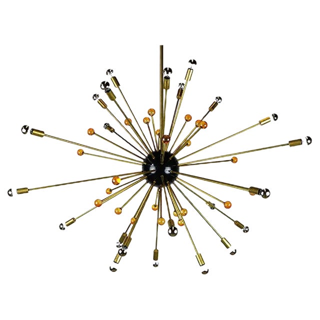 Italian Minimalist Sputnik Chandelier in Black, Gold & Murano Glass in the Style of Stilnovo, 1950s For Sale