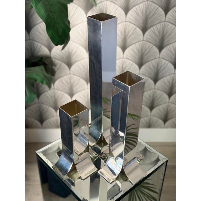 Vintage Mid-Century Modern Italian "Stele" Silver Vases/Candlestick Holders by Lino Sabattini Dimensions (approximate):...