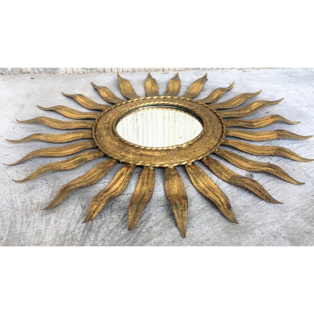 Mid-Century Modern Gilt Iron Layered Leafed Flower Shaped Sunburst Mirror For Sale In Miami - Image 6 of 13
