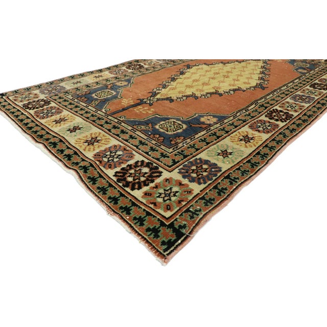 52767 Distressed Vintage Turkish Oushak Rug, 03'06 x 06'05. A tableau of timeworn elegance, this hand knotted wool...