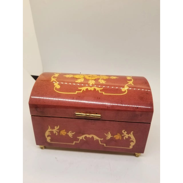 Wood The San Francisco Music Box Italian Inlaid Burl Wood Swiss Movement Ring Jewelry Box For Sale - Image 7 of 7