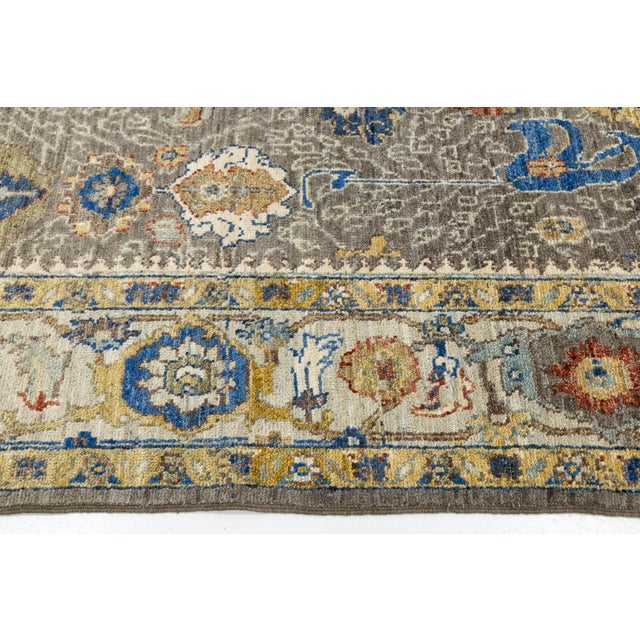 Textile Modern Oushak Style Hand-Knotted Wool Area Rug in Taupe Grey With Vibrant Floral For Sale - Image 7 of 12