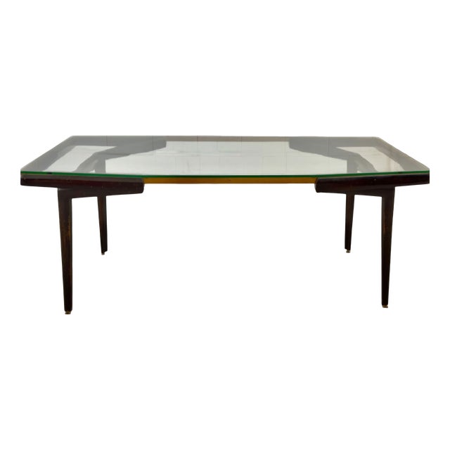 Dining Table in Dark Wood with Brass Core and Glass Top attributed to Santambrogio De Berti, 1960s For Sale