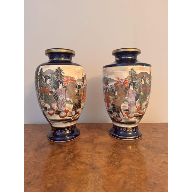 Large quality pair of antique Japanese satsuma vases, having a quality pair of large antique Japanese satsuma vases with...