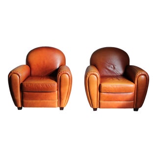 Contemporary Patinated Leather Club Chairs - a Pair For Sale
