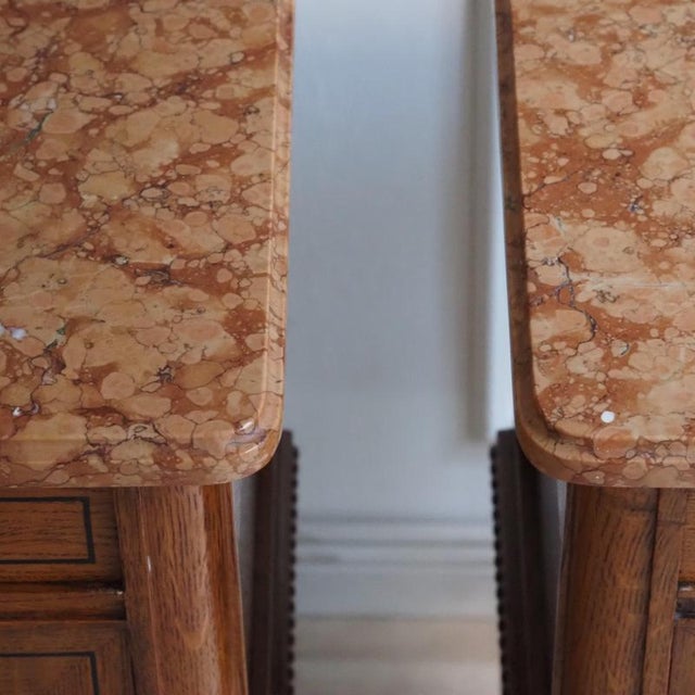 Antique Louis XVI Style Bedside Tables in Oak and Marble, 1920, Set of 2 For Sale - Image 13 of 17