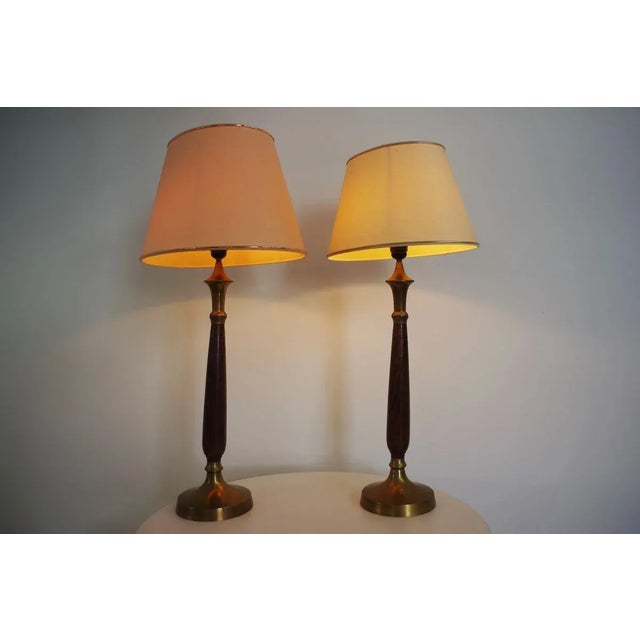 Mahogany, Brass & Cotton Hats Tale Lamps from Abat Jour, 1950s, Set of 2 For Sale - Image 16 of 18