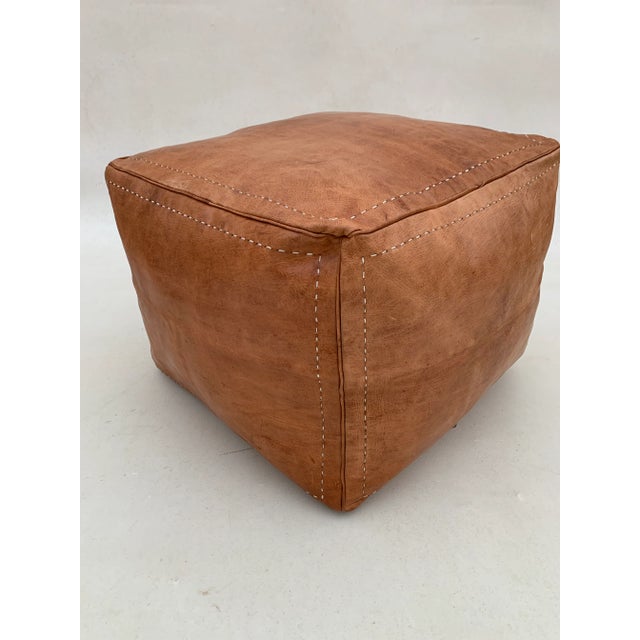 Square Brown Chocolate Moroccan Leather Pouf Cover For Sale - Image 9 of 10