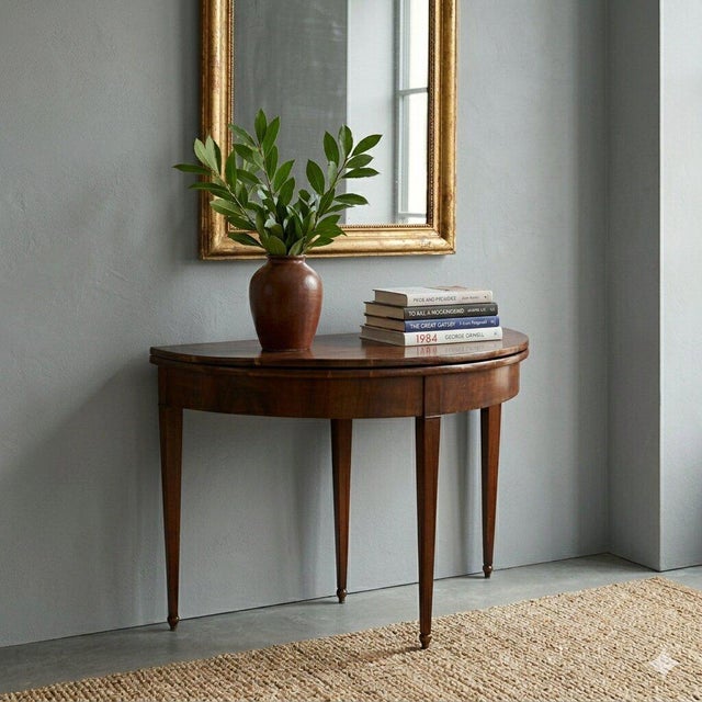 Mahogany half-lune console table. Folding top supported by a central rear leg, with a pull-out drawer. Internal top in...