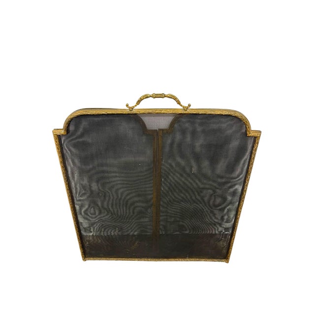 Metal Vintage Brass-Toned Fireplace Screen With Folding Mesh Panels and Ornate Handle For Sale - Image 7 of 10