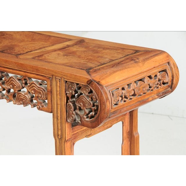 Chinese, probably late Qing dynasty, with three inset burlwood panels at top, well carved skirt on molded legs with inset...