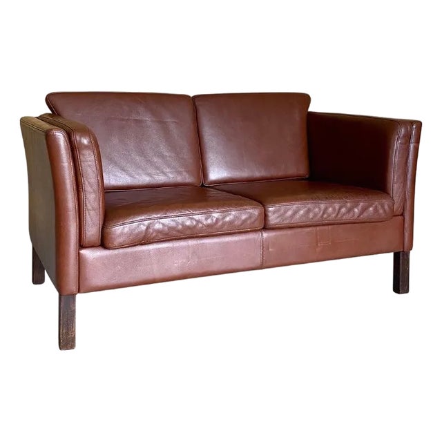 Danish Brown Leather Loveseat Sofa (After Børge Mogensen) For Sale