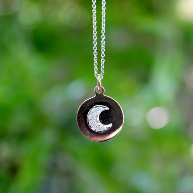 Gold 1990s Vintage 14k Rose Gold and Diamond Crescent Moon Pendant For Sale - Image 8 of 8