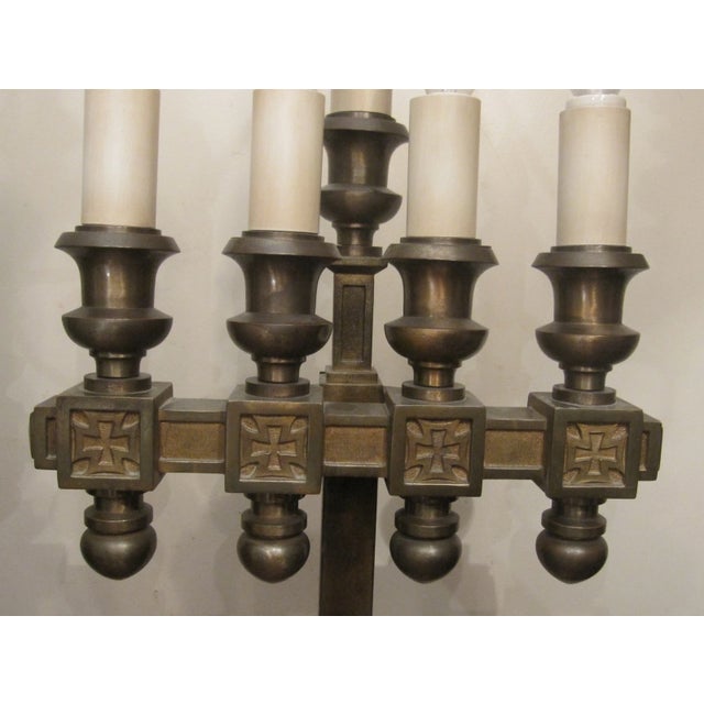 This is an extremely high quality pair of antique solid bronze and marble electric table lamps which were once used in a...