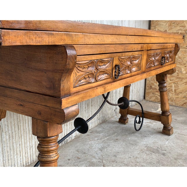 Wood Early 20th Spanish Console Fold Out Table With Iron Stretcher and Two Drawers For Sale - Image 7 of 13