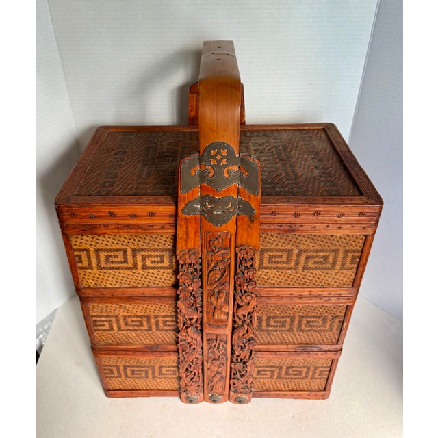 Chinese Vintage Chinese Wedding Basket With Carved Wood, Bamboo and Rattan For Sale - Image 3 of 12
