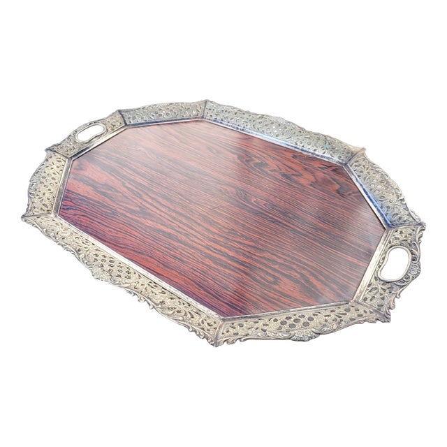 Dutch Silver-Plated Mahogany Serving Tray by Hooijkaas Schoonhoven, 1950s For Sale