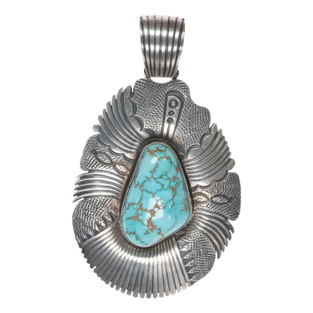 Ernest Thomas Bilagody Navajo sterling spiderweb turquoise pendant For Sale