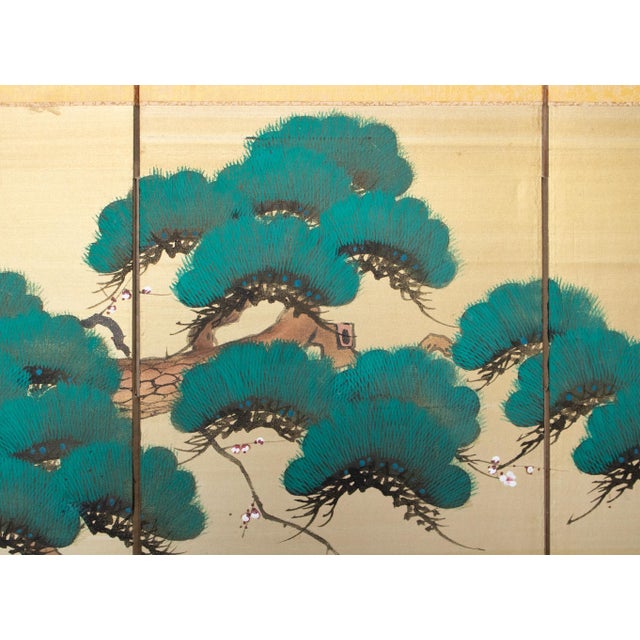C. 1960s Showa Era Japanese Painted Silk Byobu Screen "Evergreen Pine Tree" For Sale - Image 10 of 18